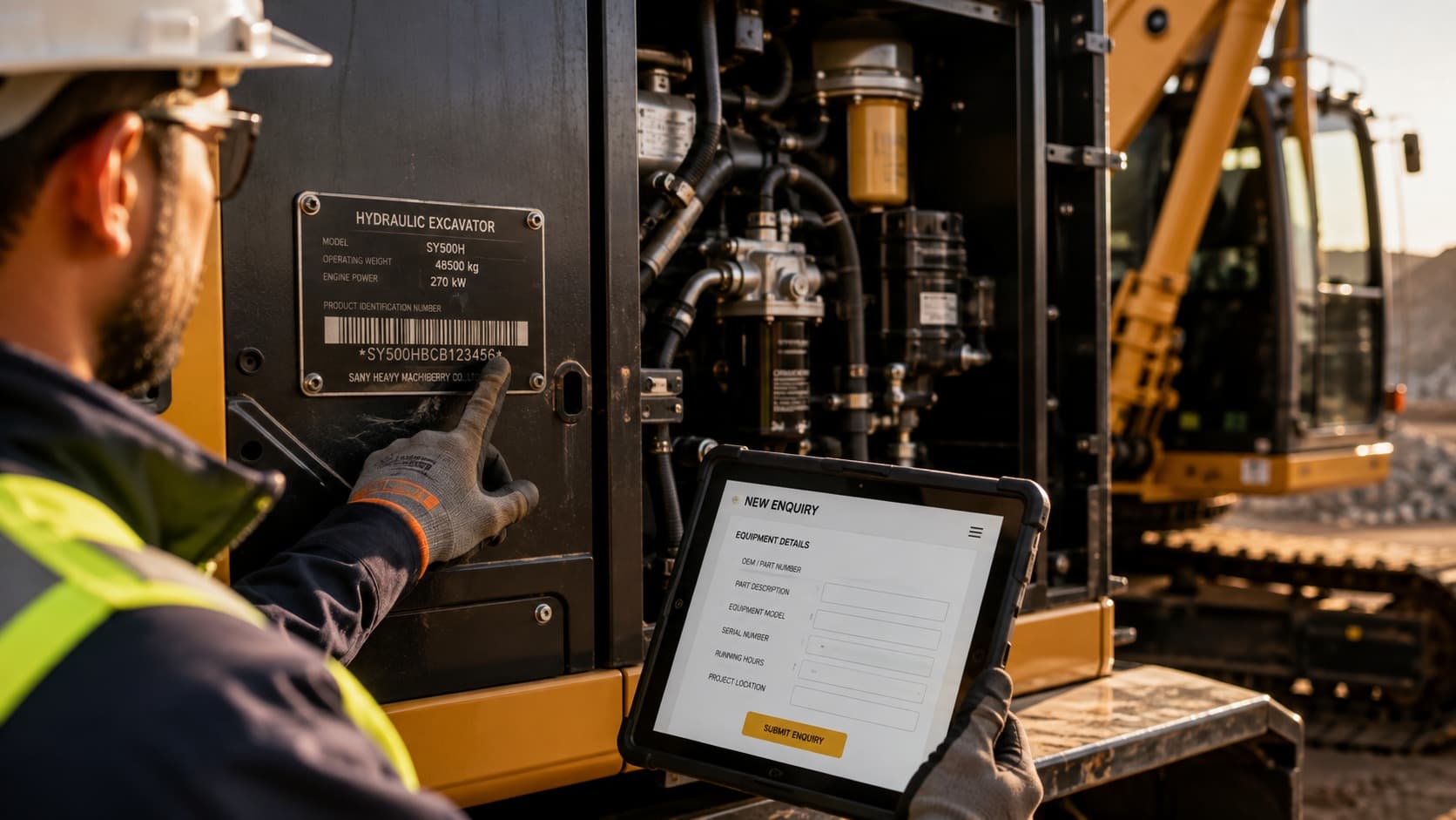 Technician scanning an excavator's ID plate and submitting a Forge enquiry on tablet