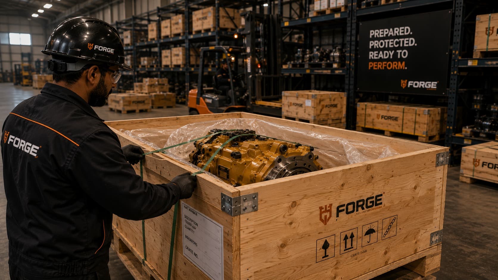 Forge technician crating and strapping a part for dispatch