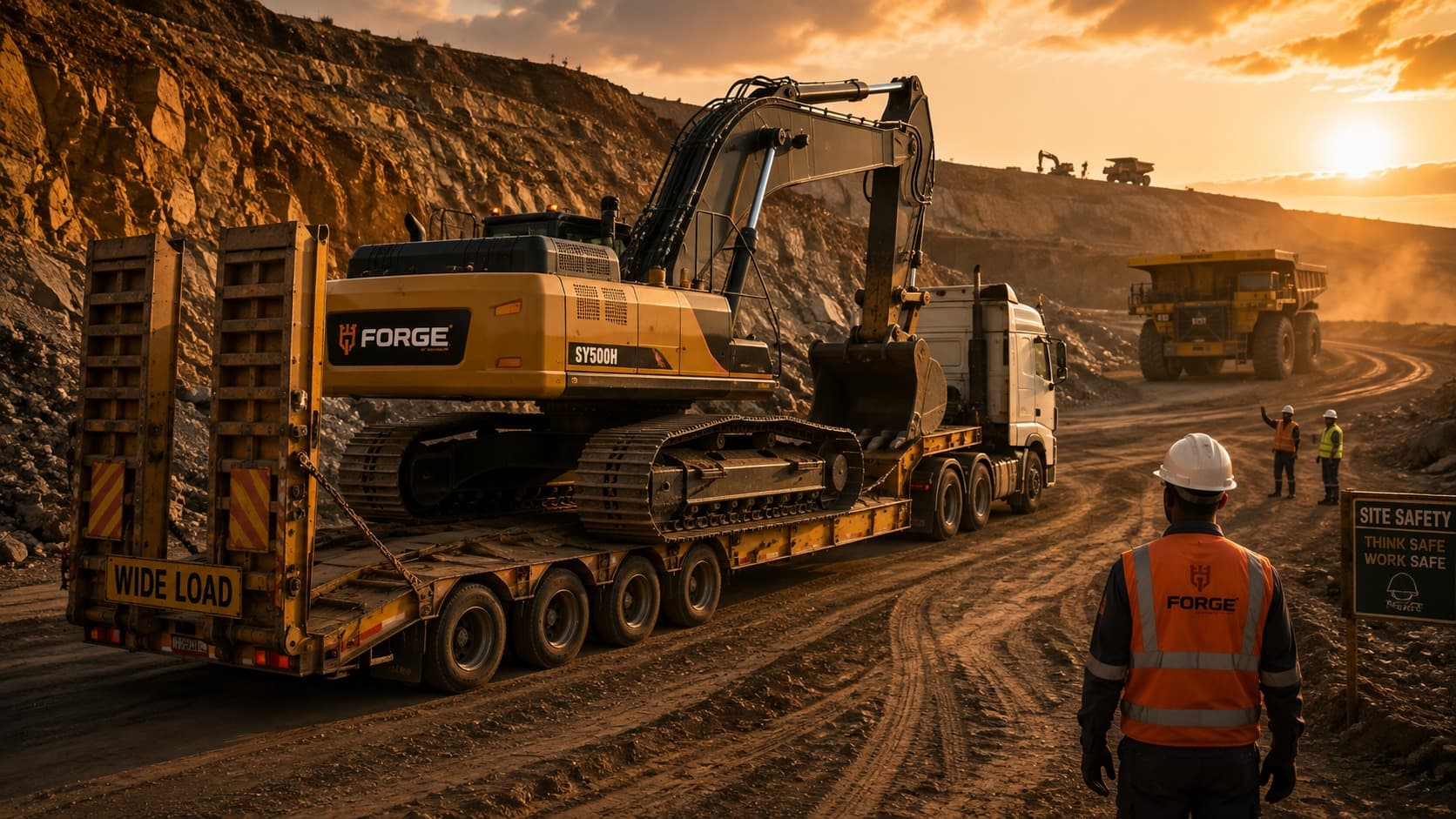 Forge excavator delivered to a mining site by lowboy trailer at sunset